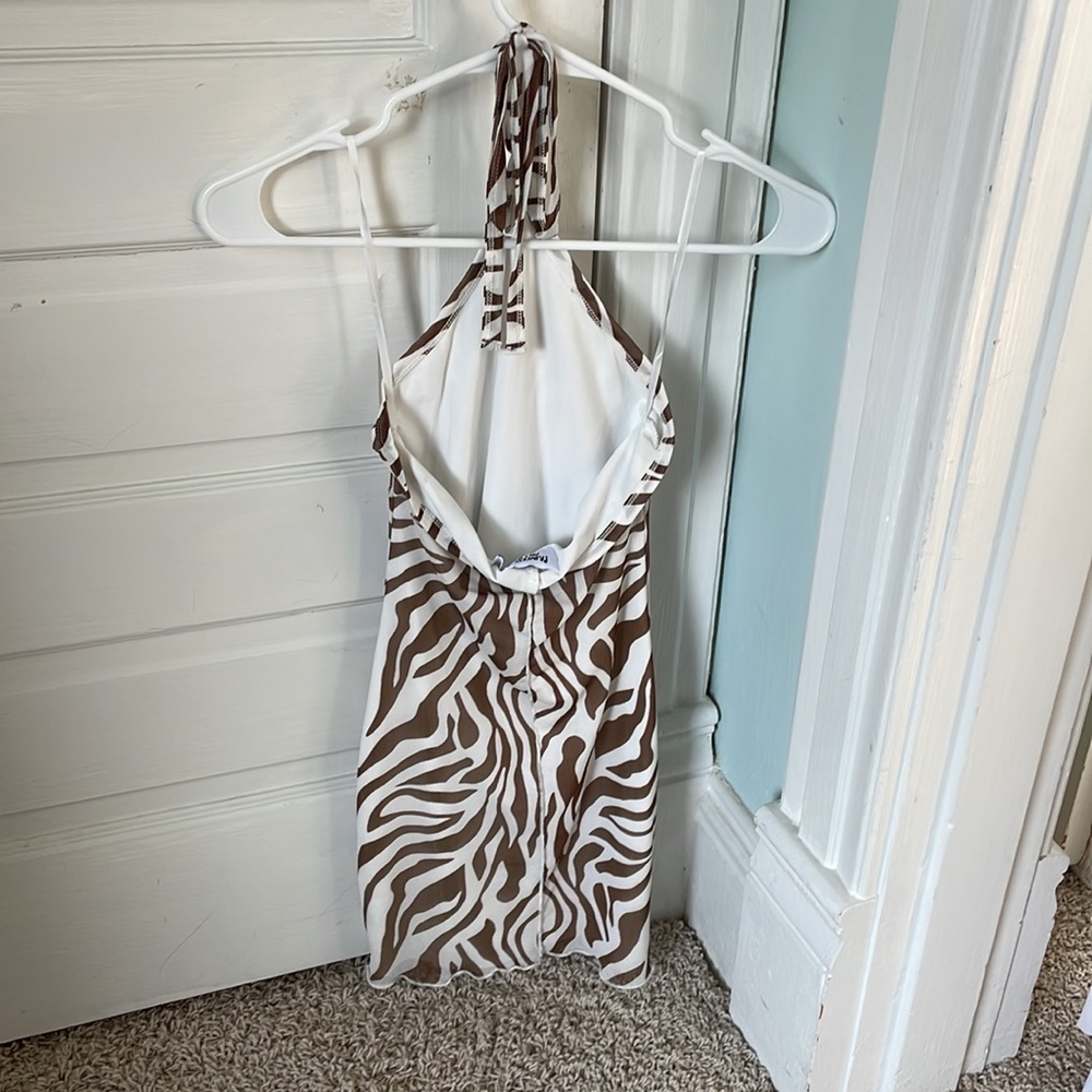 Brown and white zebra bodycon backless mini dress halter - Picture 2 of 2